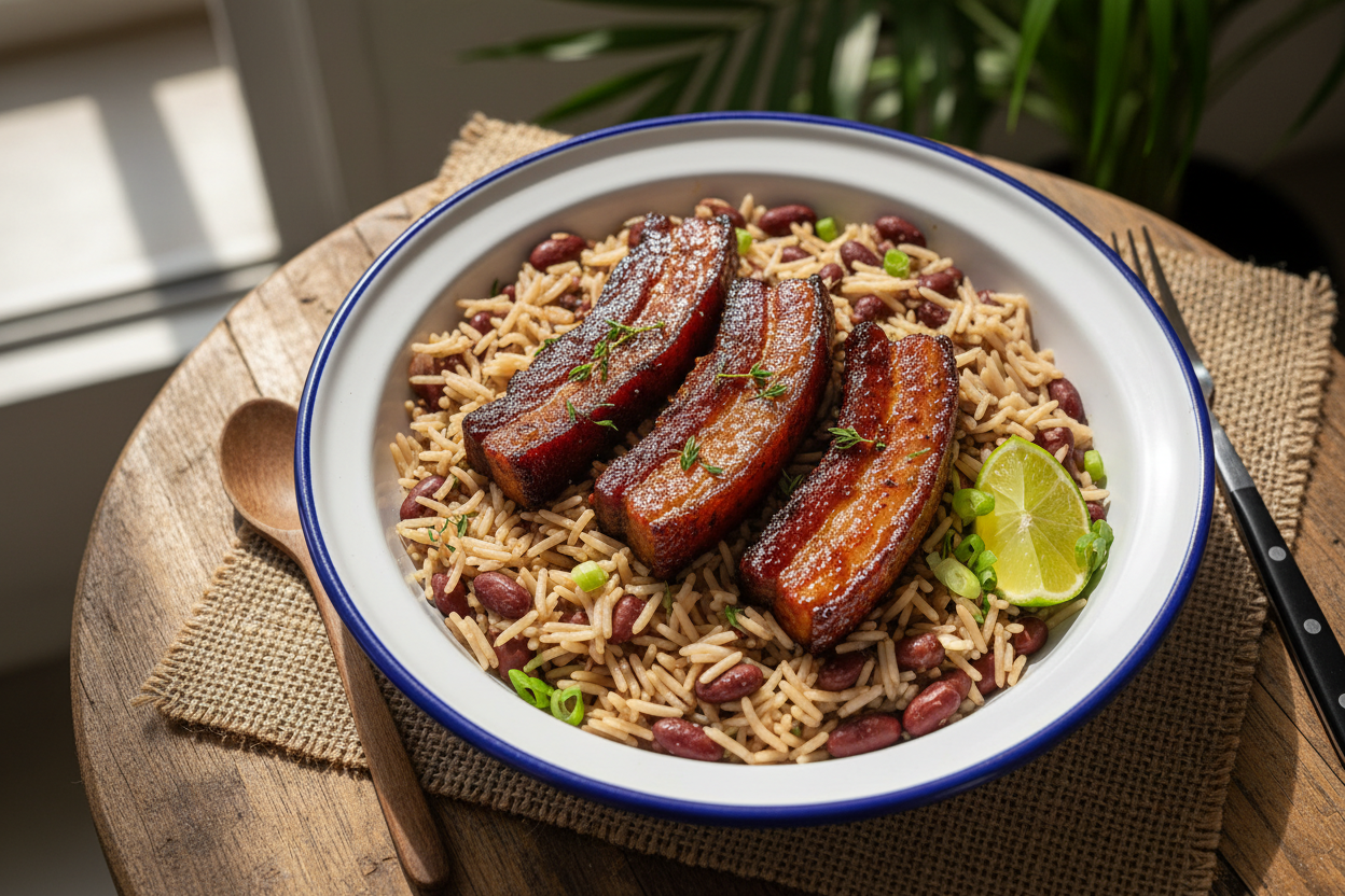 jerk pork belly (3 crispy strips) served with rice n peas. white bowl. blue rim