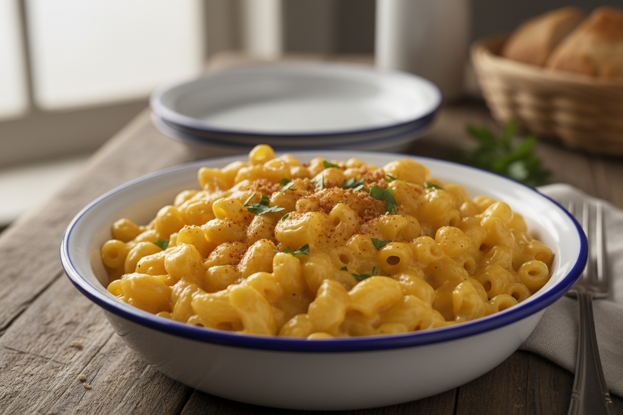 side of mac and cheese. white dish, blue rim